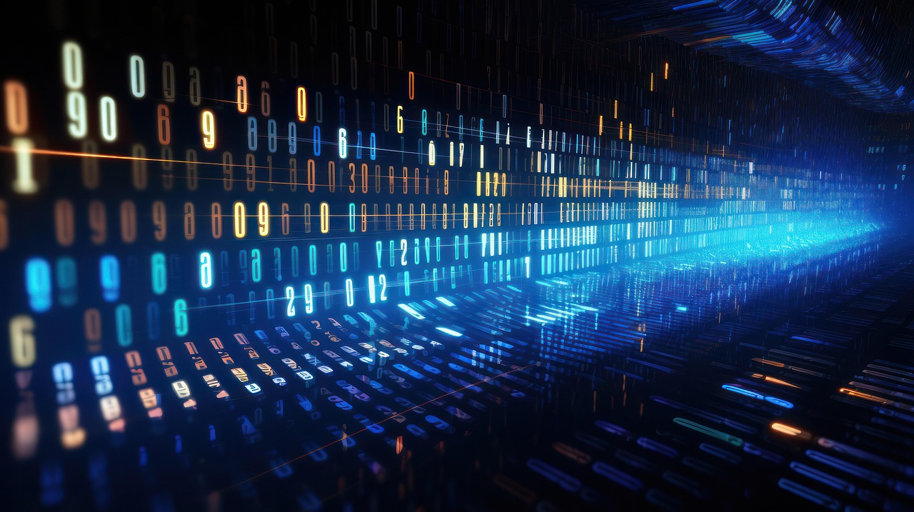 Im Matrix-Style sind Zahlen zu erkennen. Alles ist dunkel und in blau gehalten.