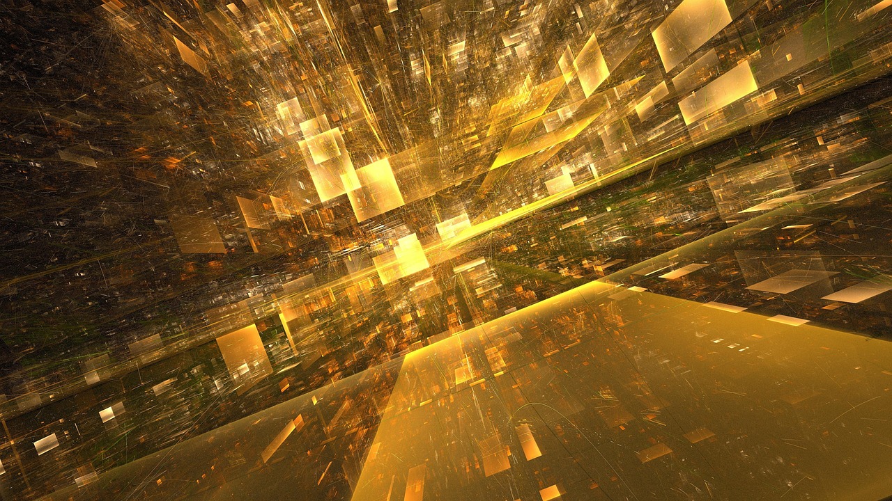 Zu erkennen ist eine in gelb gehaltene Fantasiestadt im Matrix-Style. Das Bild ist sehr abstrakt.
