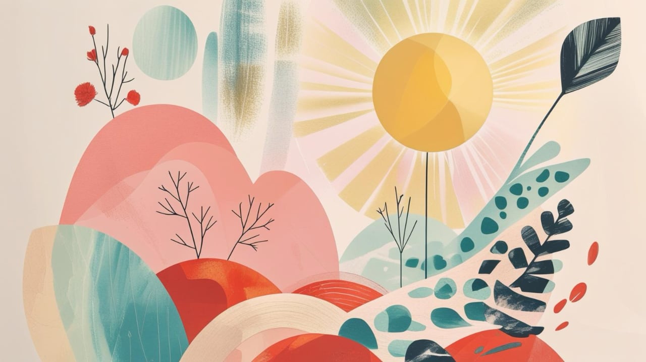 Abstrakte, farbenfrohe Landschaftsillustration mit Bergen, Bäumen und einer strahlenden Sonne, die über einer sanft hügeligen Landschaft aufgeht. Der Stil ist modern und künstlerisch, mit pastellfarbenen und kräftigen Farbakzenten.